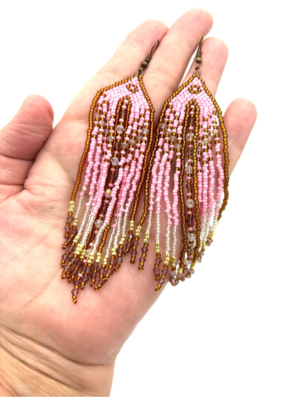 Hand Crafted Pink Beaded Fringe Earrings - Women Jewelry - Picture 5 of 10